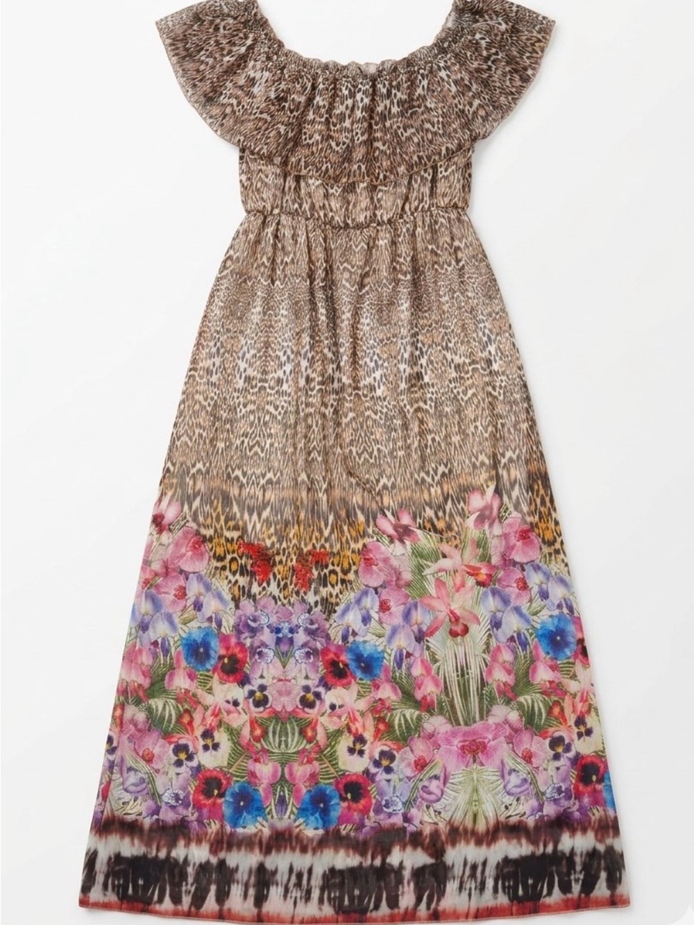 Imperial Floral Border Brown Off-Shoulder Maxi Dress with Smocked Bodice